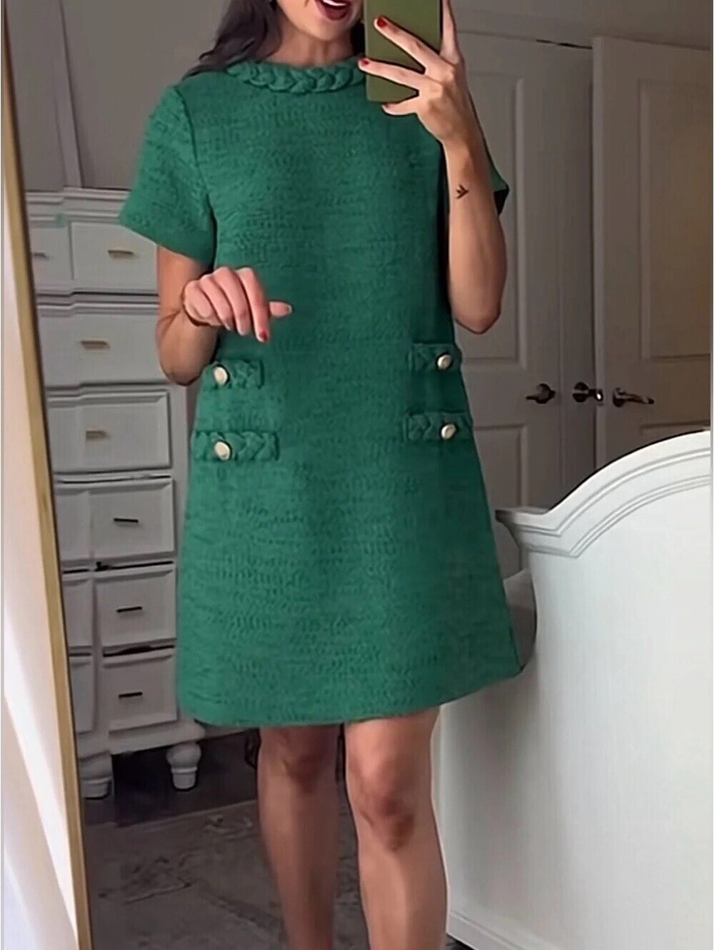 Tuckernuck Tweed Jackie Shift Dress Green Zip Short Sleeve Business Formal - Picture 2 of 9